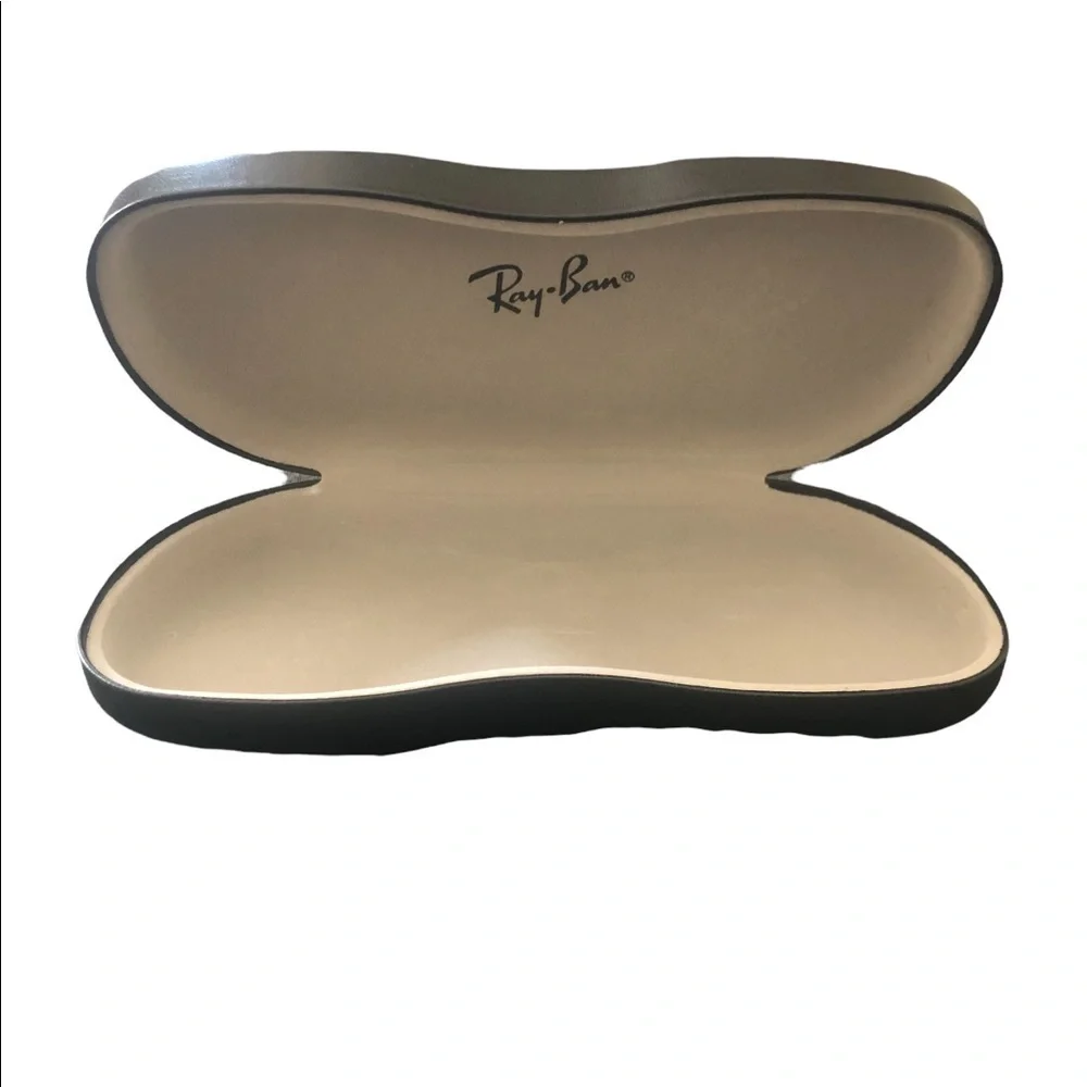 Ray-Ban Sunglass Case Lined Interior Black Leather W/Logo 7X2.5 Hinged Open